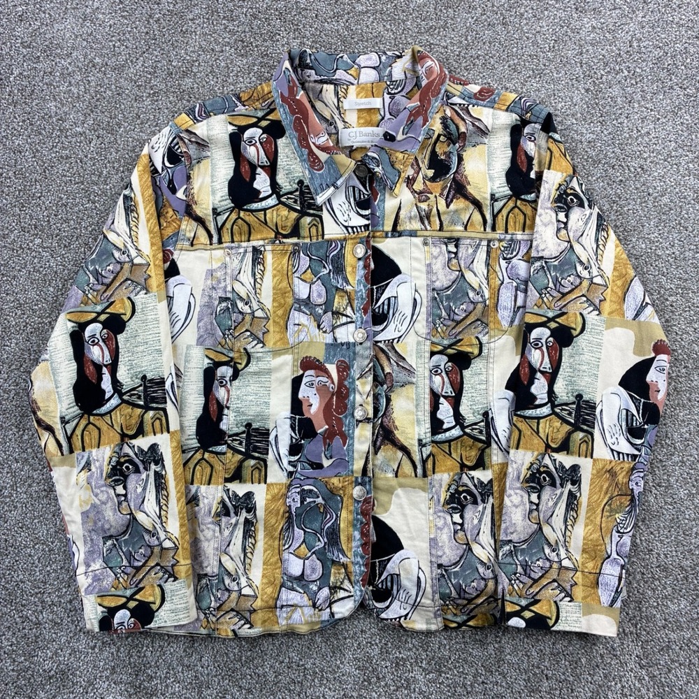 CJ Banks Picasso Jacket Women's Large Abstract Art Button Up Long Sleeve Stretch